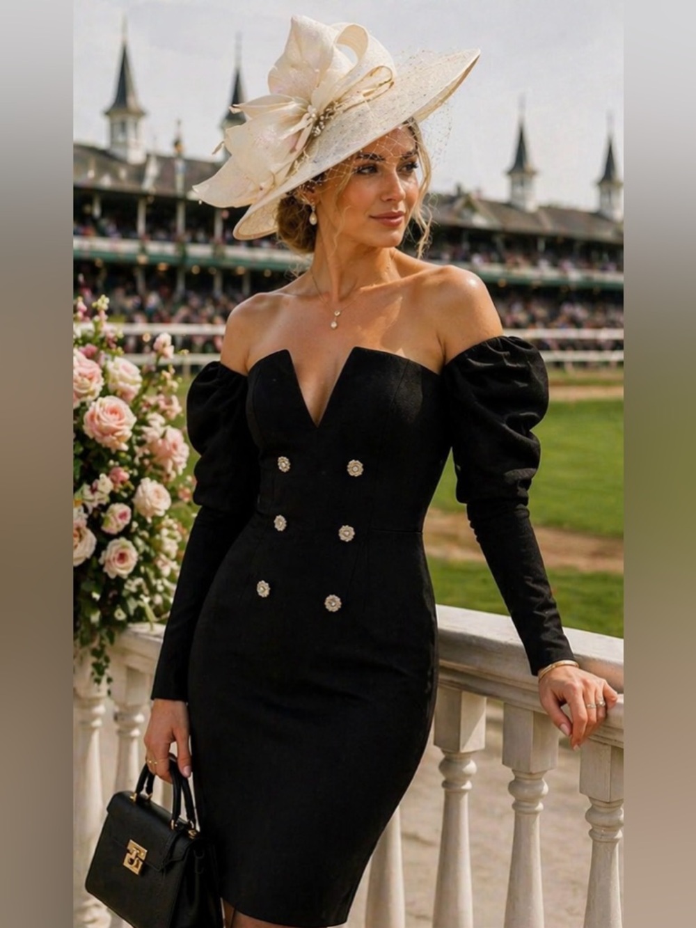 ASOS Black Off-Shoulder Puff Sleeve Double-Breasted Dress